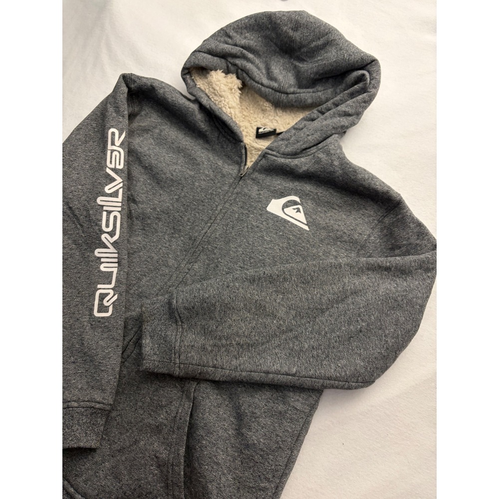 Quiksilver Womens XL Gray Sherpa Lined Full Zip Hoodie Y2K Logo Sleeve